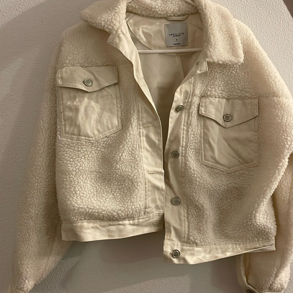 Angel kiss Los Angeles, size, small Sherpa, and white denim jacket